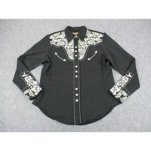 Scully Shirt Womens Small Black Embroidered Floral Pearl Snap Smile Pockets